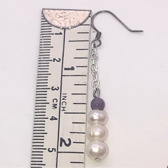 𝅺vtg Sterling Amethyst & Freshwater Pearl Chain Dangle Earrings 2” - Picture 5 of 5